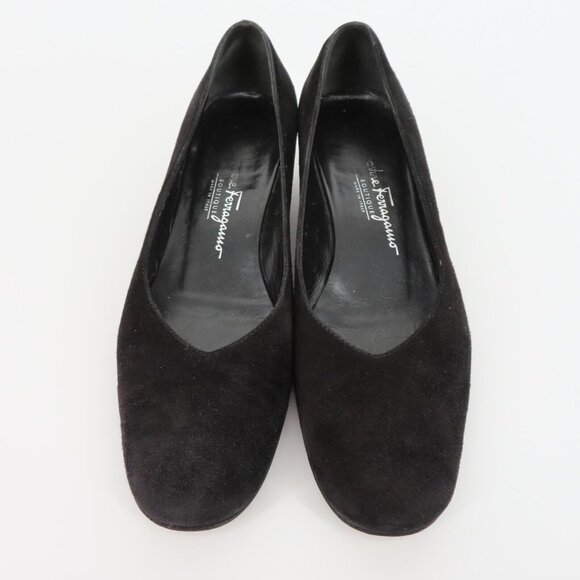 Salvatore Ferragamo 7.5 B Black Suede Tortoise Shell Design Heel Round Toe Italy - Picture 2 of 16